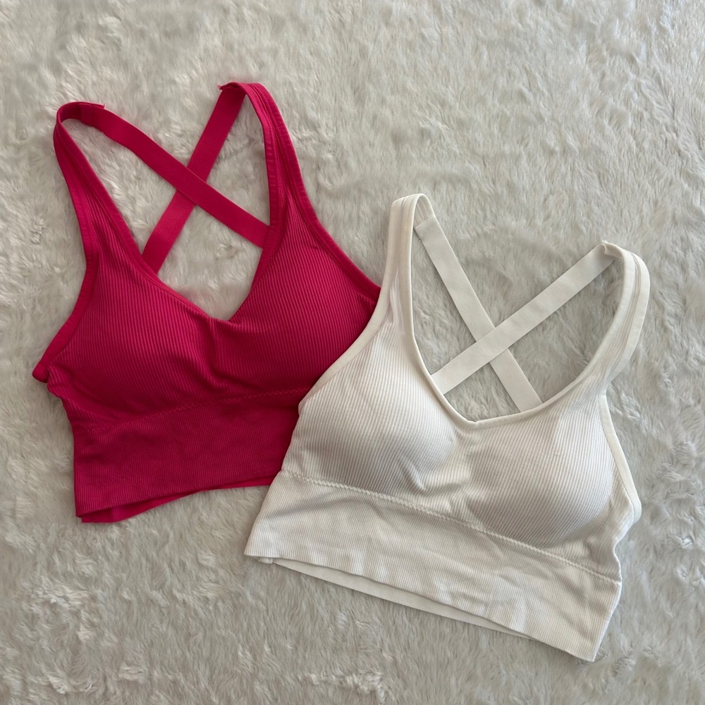 Bralette Sports Bra Cami Women S/M Pink White‎ Excellent Ribbed Cross Back 2Pk